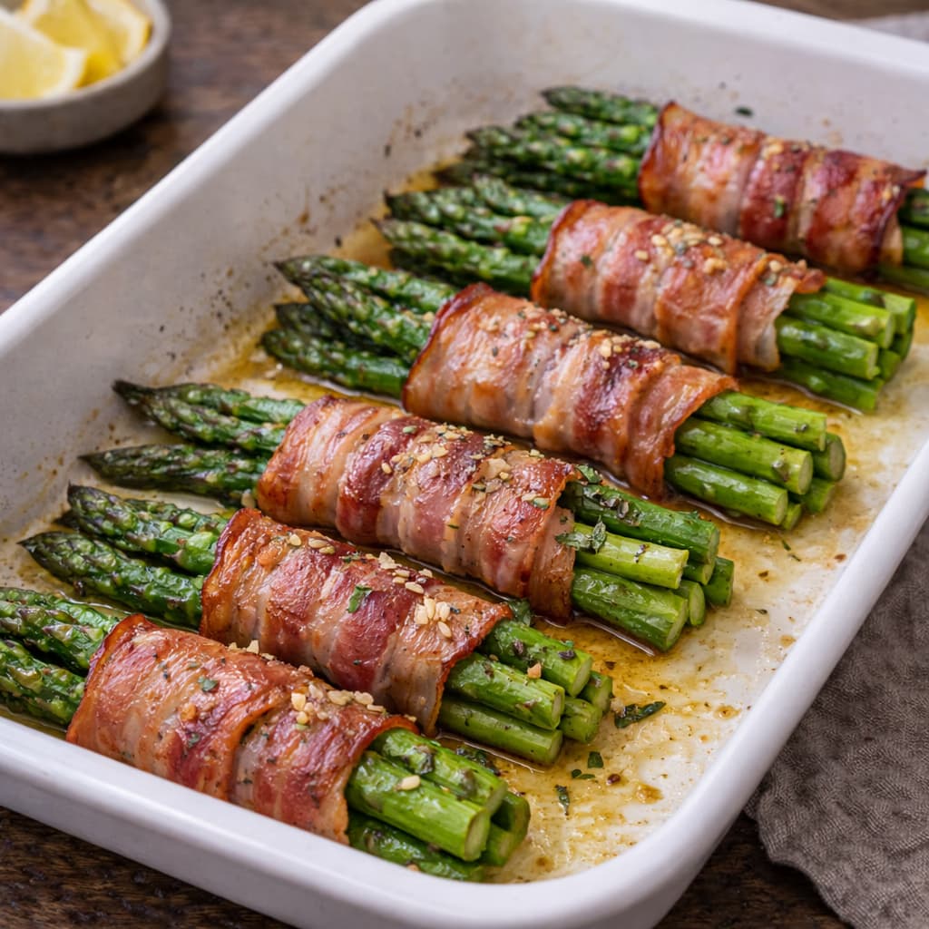 Baconsurret asparges med hvitløk – ferdig rett