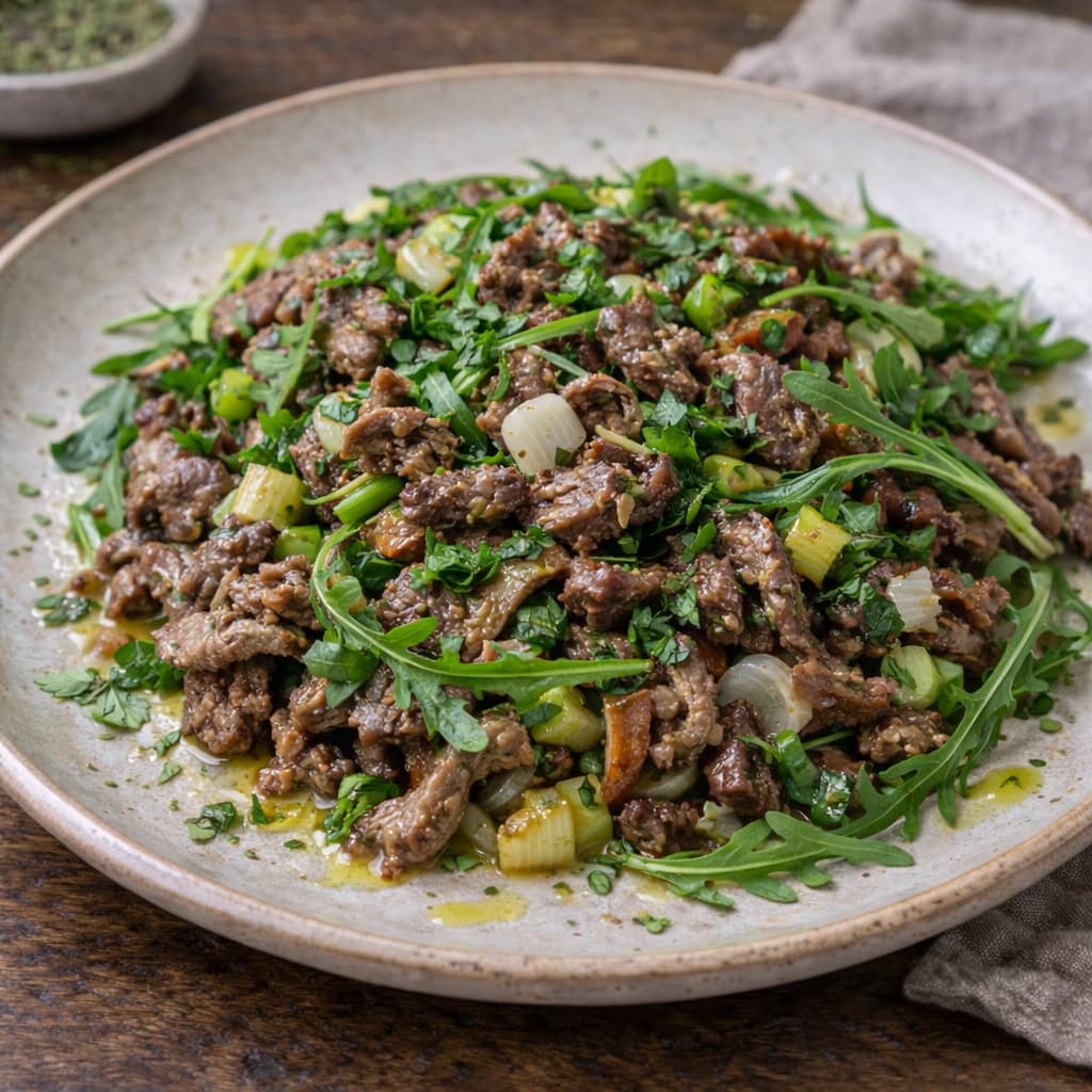 Reinsdyrskav med ruccola og persille – ferdig rett