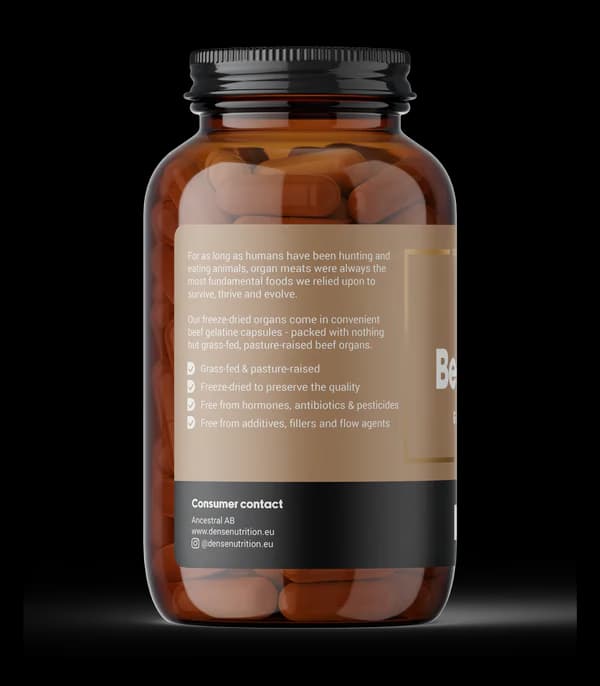 DENSE Beef Liver – Gressforet levertilskudd – 180 kapsler – baksiden av pakningen