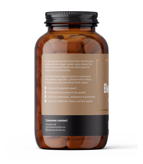 DENSE Beef Liver – Gressforet levertilskudd – 180 kapsler – baksiden av pakningen