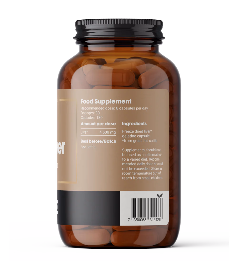 DENSE Beef Liver – Gressforet levertilskudd – 180 kapsler – baksiden av pakningen