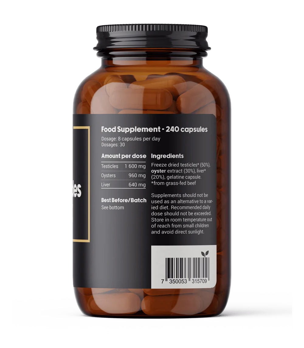 DENSE Beef Testicles – Testikler av gressforet storfe – 240 kapsler – produktbilde 2