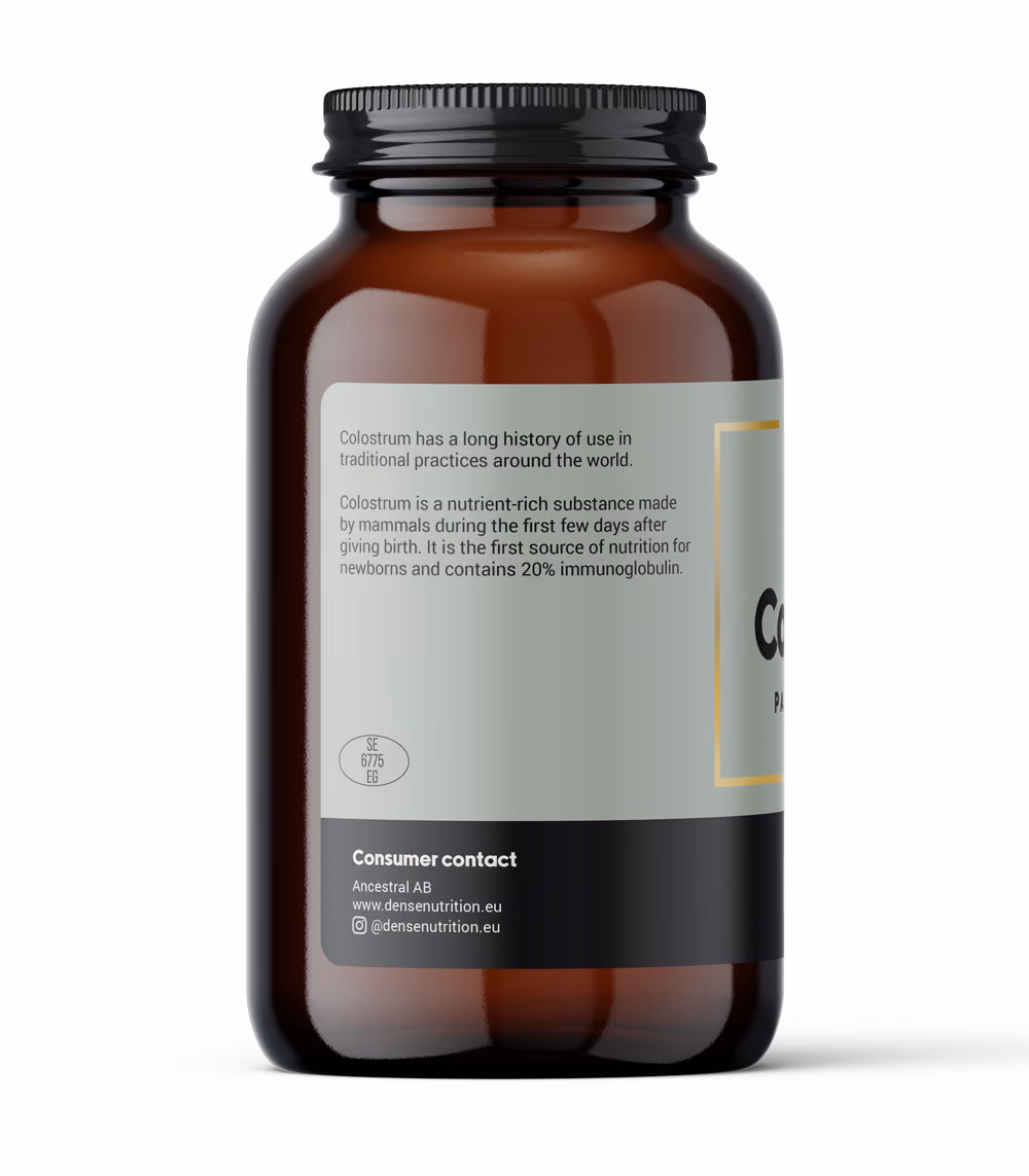 DENSE Colostrum – Råmelk i Pulver, 135 g – baksiden av pakningen