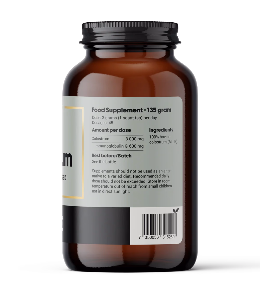DENSE Colostrum – Råmelk i Pulver, 135 g – baksiden av pakningen