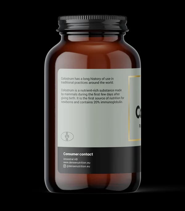 DENSE Colostrum – Råmelk i Pulver, 135 g – baksiden av pakningen