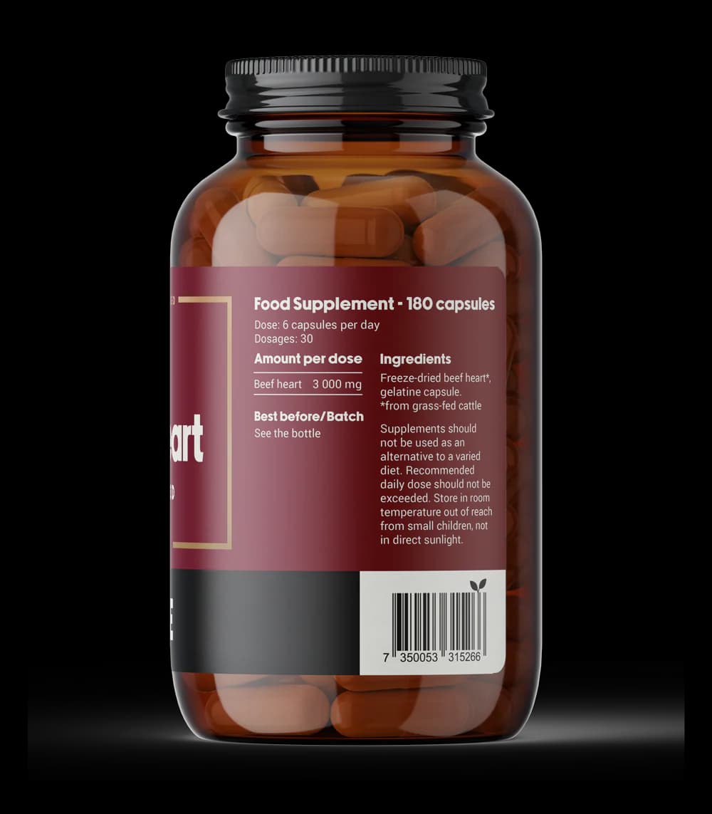 DENSE Beef Heart – Gressforet storfehjerte – 180 kapsler – baksiden av pakningen