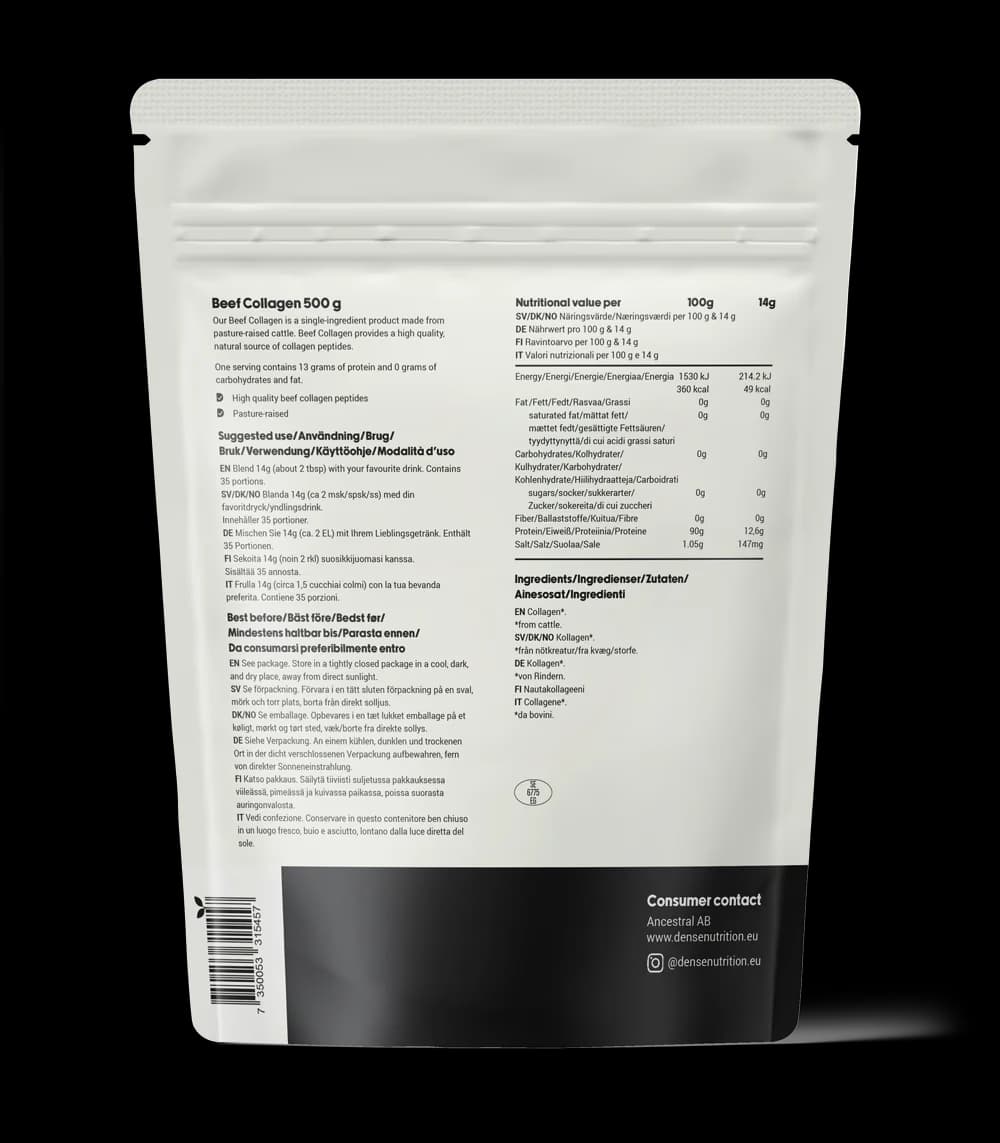 DENSE Kollagenpulver fra Storfe – Premium Kollagenprotein, 500 g – baksiden av pakningen