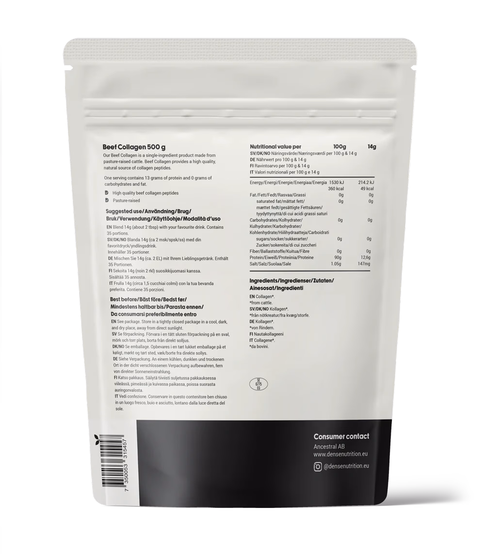 DENSE Kollagenpulver fra Storfe – Premium Kollagenprotein, 500 g – baksiden av pakningen