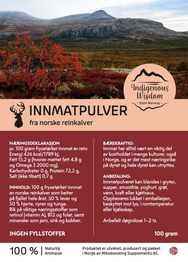 Innmatpulver fra norske reinkalver – 100 g – produktbilde 2