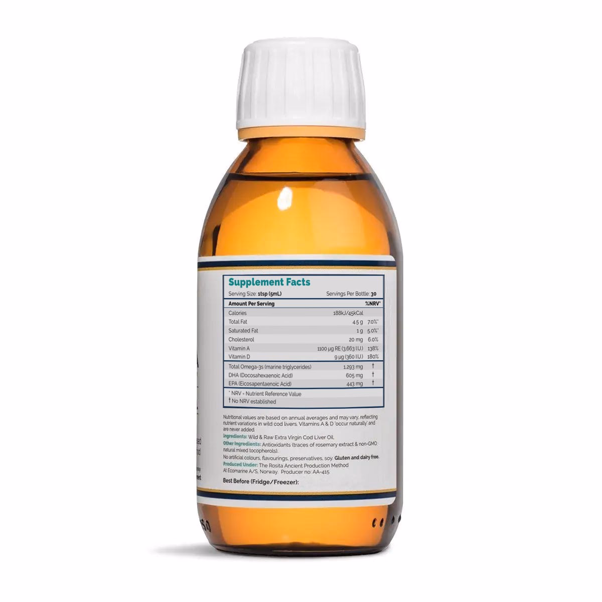 Rosita Torskeleverolje Flytende – EVCLO Tran, 150 ml – næringsinnhold og ingredienser