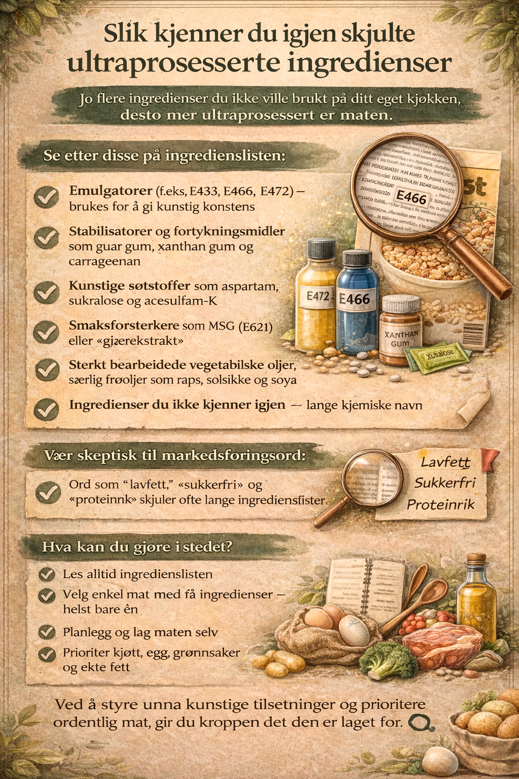 Illustrasjon som viser forskjellen mellom ekte mat og ultraprosessert mat