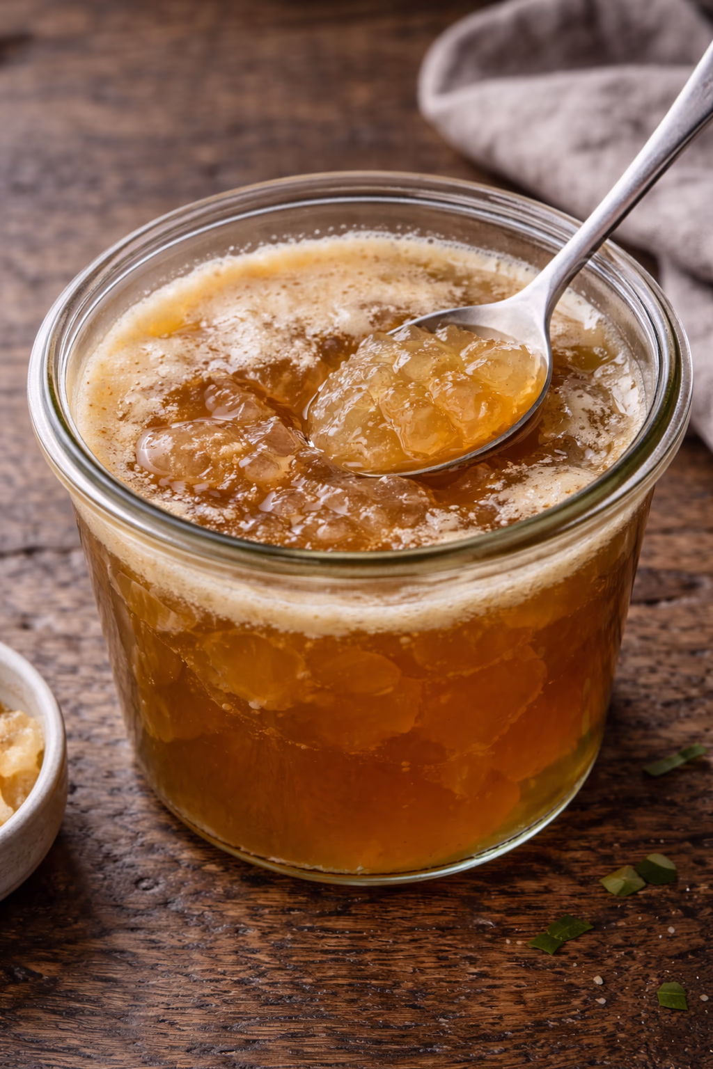 Hjemmelaget beinkraft som har stivnet til gelé – et tegn på høyt gelatininnhold og god kvalitet